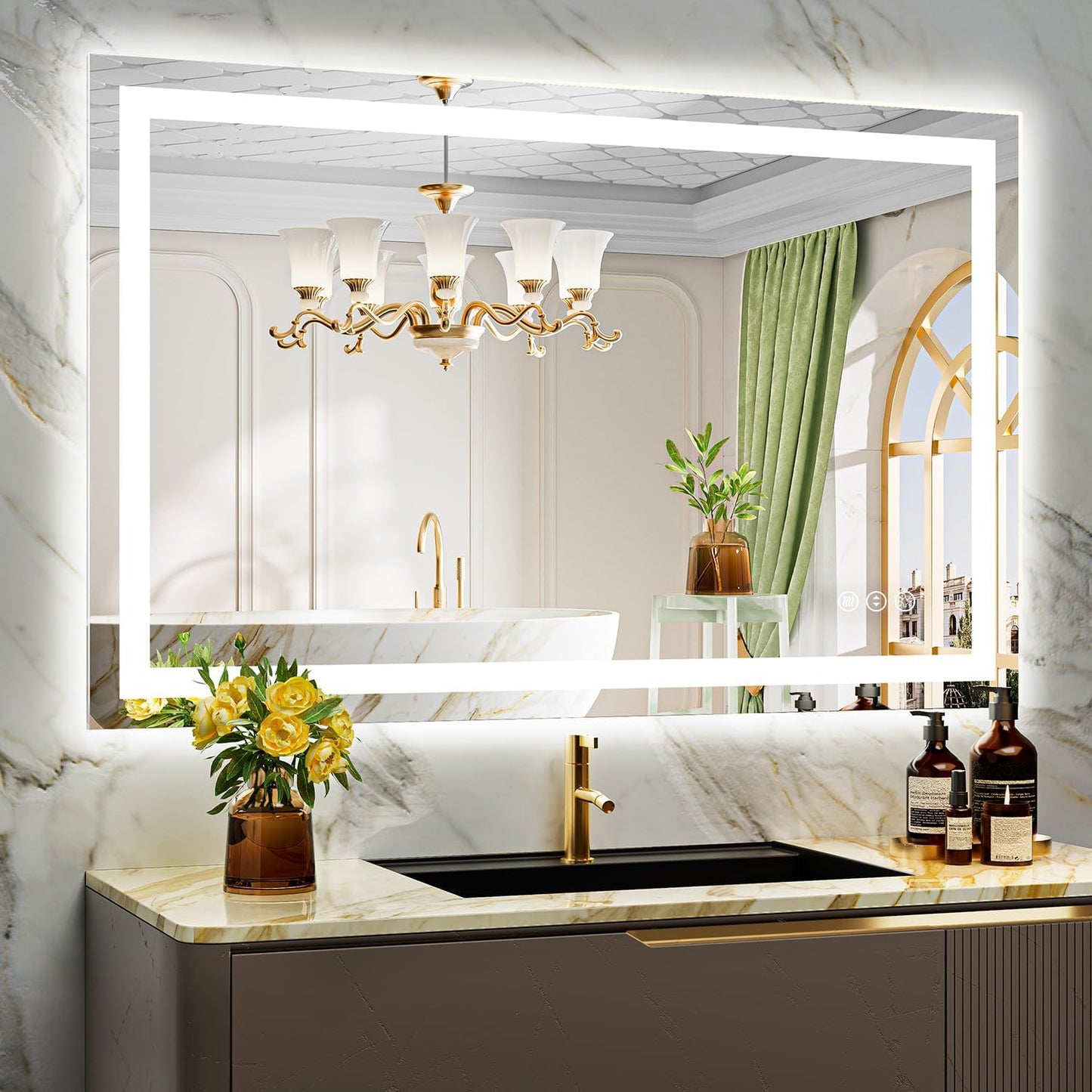 48x30 Inch LED Bathroom Mirror with Lights Front and Backlit Lighted Vanity Mirror for Bathroom Wall with 3 Colors Dimmable Anti-Fog Memory Shatter-Proof IP54 Waterproof Horizontal/Vertical
