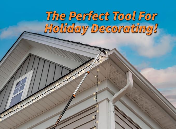 4-12 ft Long Telescopic Extension Pole with Utility Hook // Telescoping Pole for Christmas Lights Installation, String Lights, Birdfeeders // Lightweight and Sturdy // Christmas Light Pole with Hook