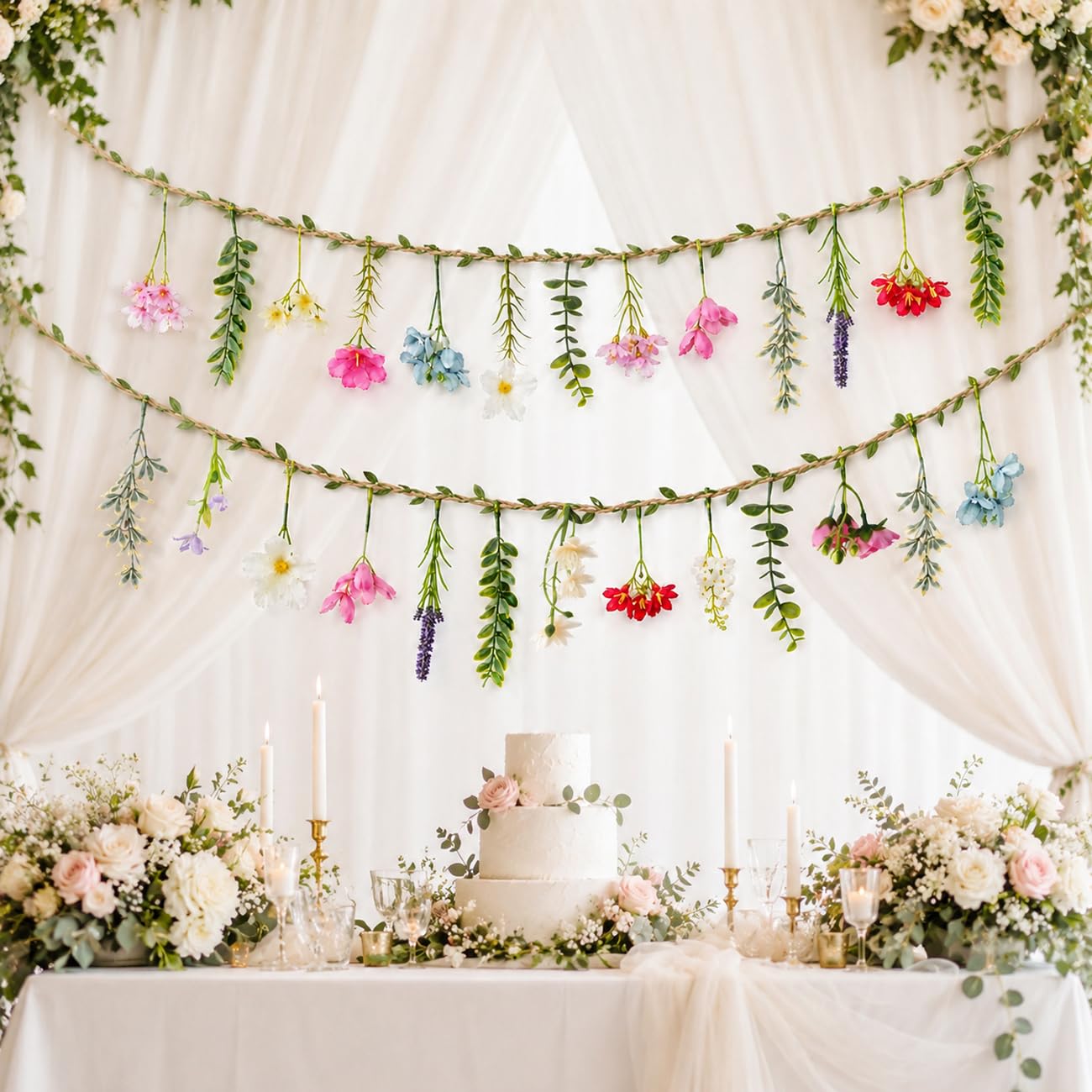 2 PCS 6.5ft Artificial Flower Banner Wildflower Garland Hanging Flowers for Garden Birthday Wedding Tea Party Bridal Shower Home Spring Supplies(Hemp Rope)