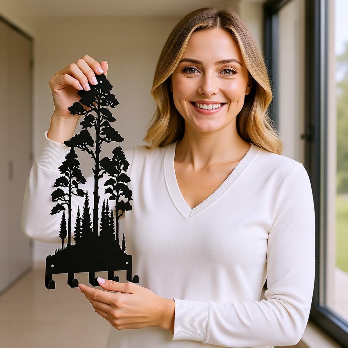 Metal Key Holder for Wall,Lofty and Dense Trees Key Hooks Wall Mount Whith 5 Hooks,Black Metal Key Hanger Wall Decor for Front Door,Hallway,Entryway,Office