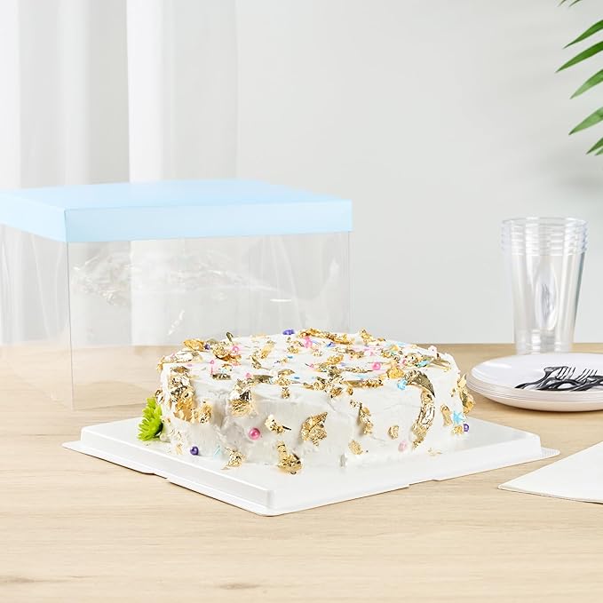 Restaurantware-Sweet Vision 10 Inch x 8.25 Inch Transparent Cake Boxes, 10 Grease Resistant Base Clear Cake Boxes - Blue Lid, Blue Ribbon, Plastic Birthday Box, For Weddings Or Birthdays