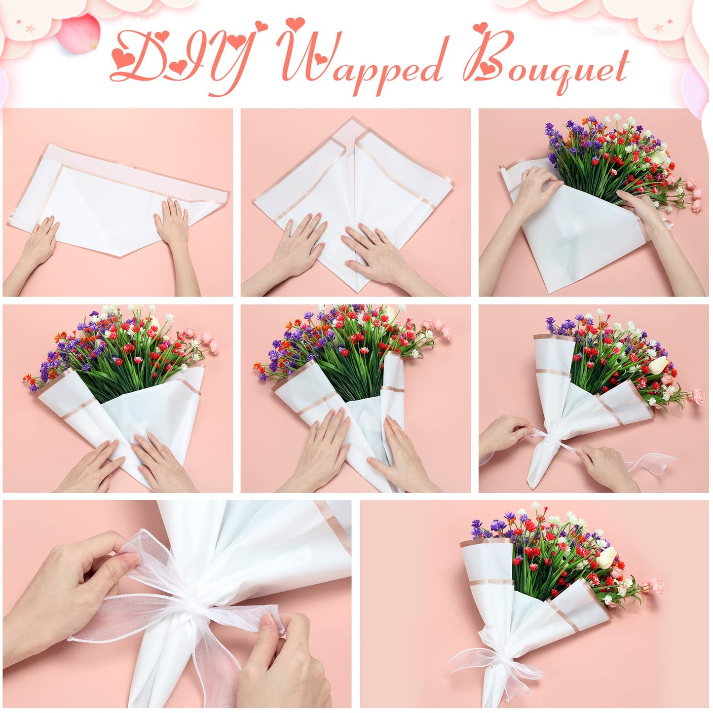 Fainne 40 Pcs Mothers Day Flower Bouquet Wrapping Papers Waterproof Floral Wrapping Paper with Gold Edge Florist Floral Bouquet for DIY Florist Supplies, 22.8 x 22.8 in(White)