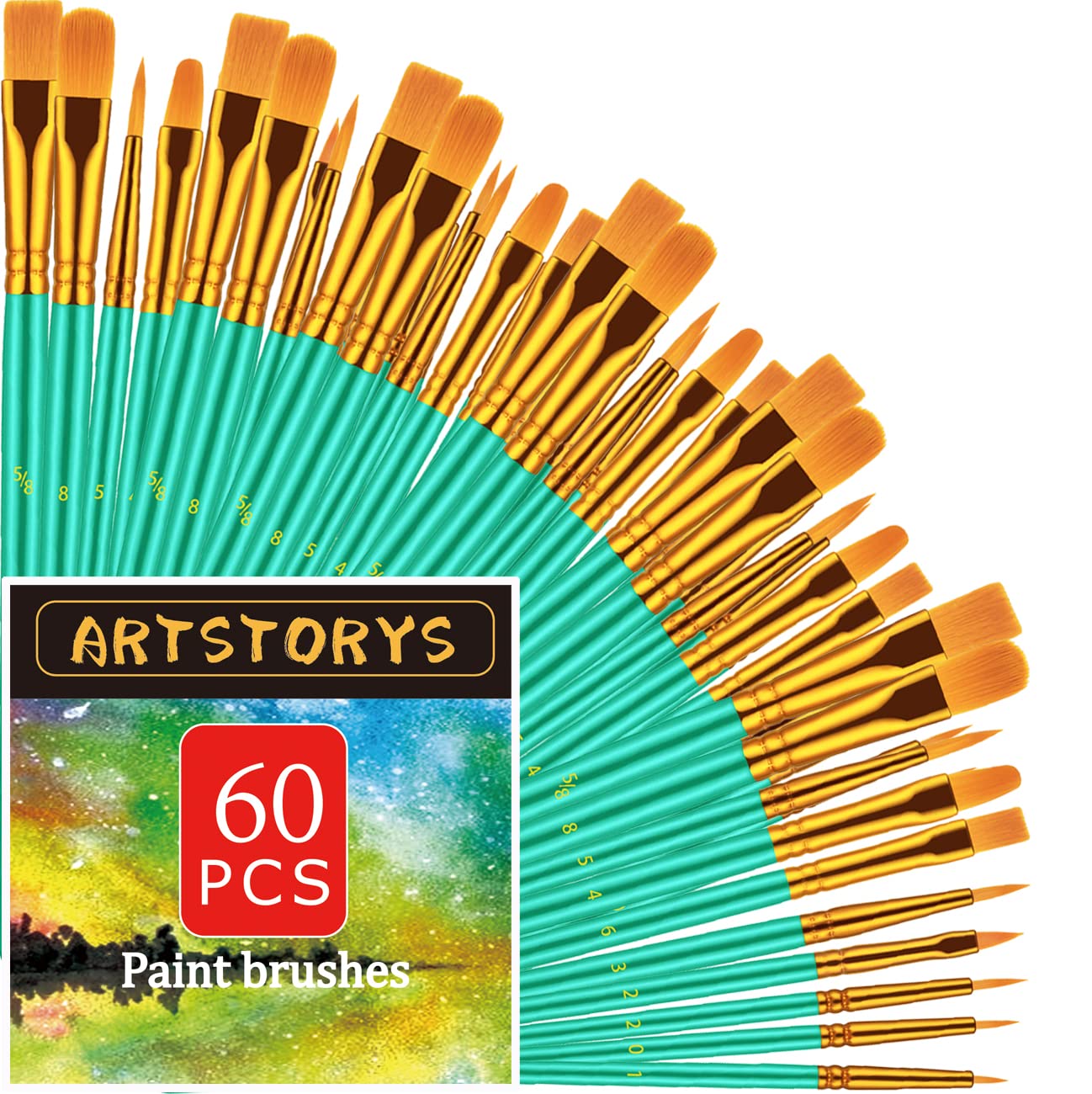 Paint Brushes Set, 60 Pcs Paint Brushes for Acrylic Painting, Oil Watercolor Acrylic Paint Brush, Artist Paintbrushes for Body Face Rock Canvas, Adult Drawing Arts Crafts Supplies, Green