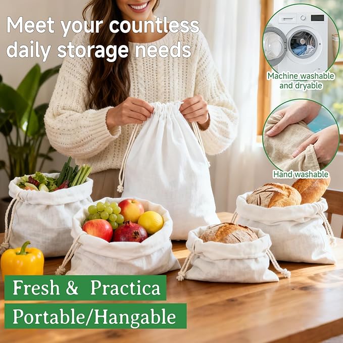 Simple&Opulence 3-Pack 19” x 23” Linen Cotton Drawstring Bags Reusable Grocery Sacks, DIY Craft Sachet Sacks Storage Cloth Bags for Party Wedding Home Bulk Produce Bags, Washable, White