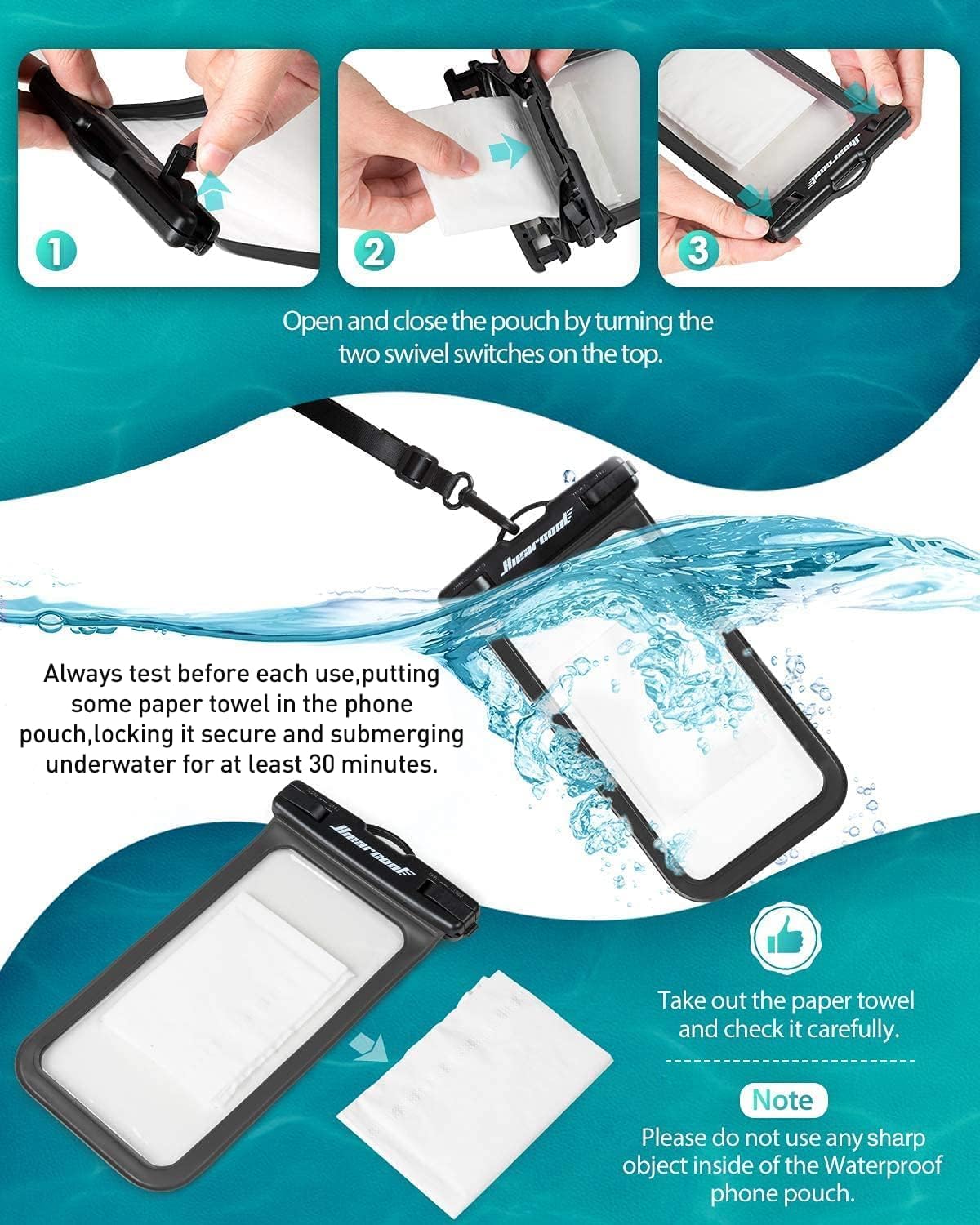 Hiearcool Universal Waterproof Phone Pouch Compatible for iPhone 16 15 14 13 Pro Max Plus Up to 8.3", IPX8 Beach Travel Essentials-Black&Purple-2Pack