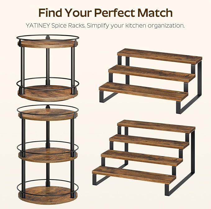 Spice Rack, 4 Tier Wooden Display Riser Stand, Kitchen Storage Organizer for Spices, Versatile Display Shelf, Space Saving, for Kitchen Countertop and Cabinet, Rustic Brown SR04L2BR