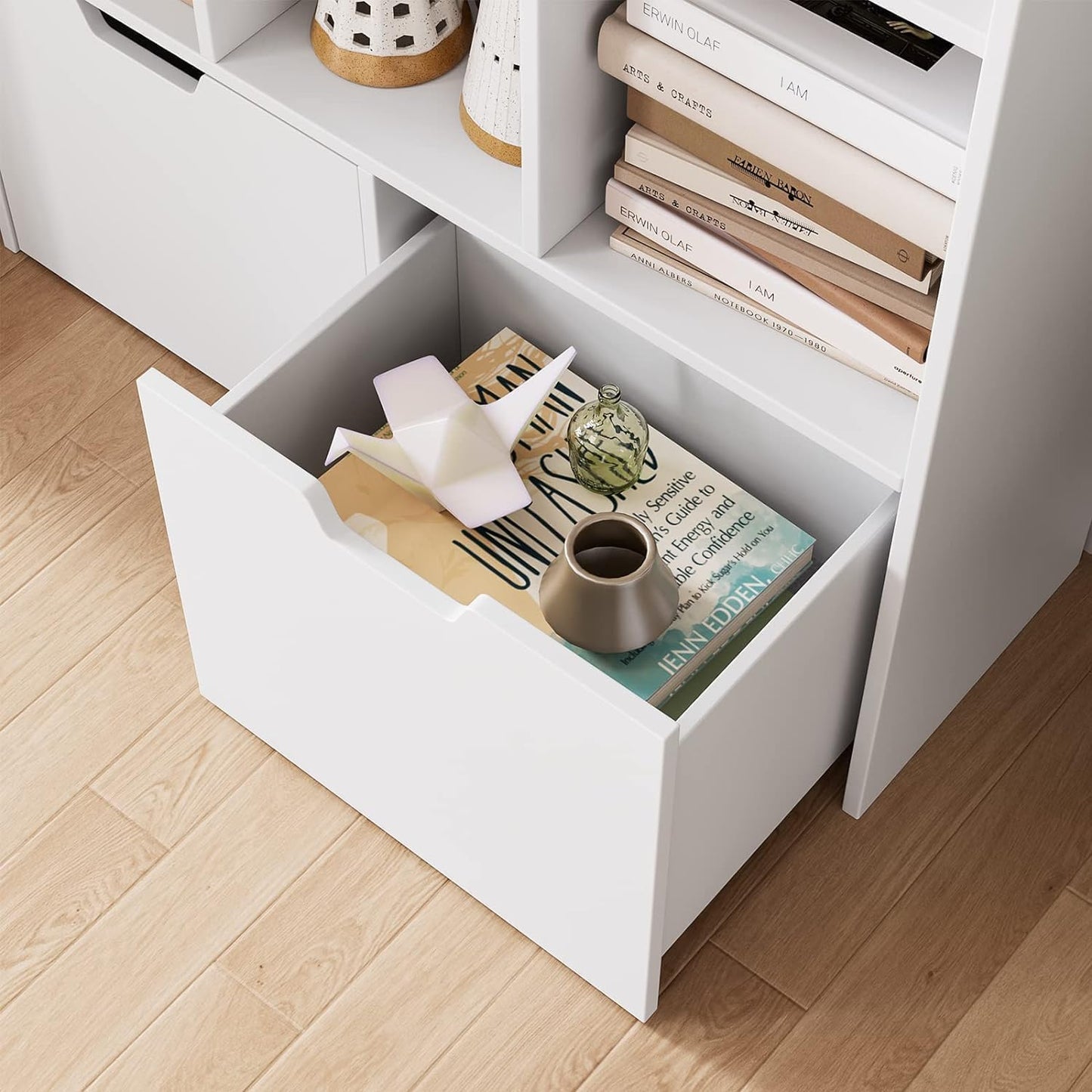 GarveeHome 55 Inches Tall Bookcase with 2 Drawers, Open Storage Bookshelf with 4 Tier Adjustable Shelves, Large Open Book Cabinet Standing for Home Office, White