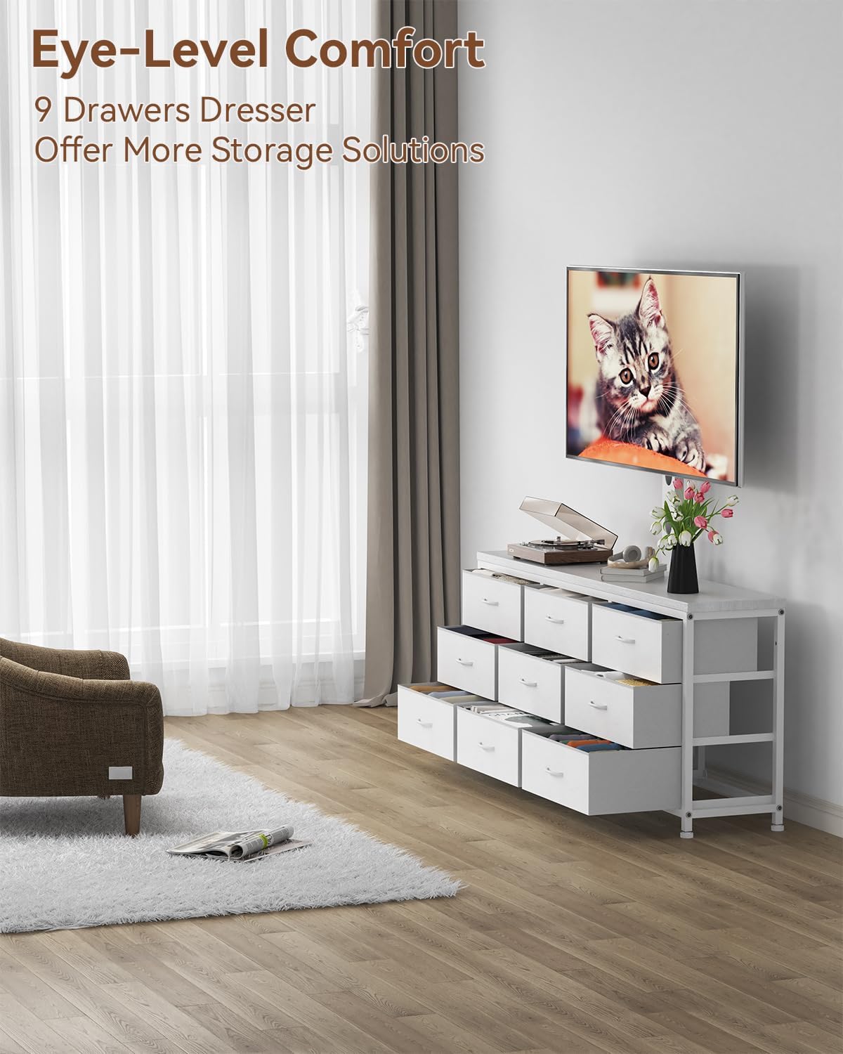 TV Stand with Mount for 32/55/65/75/85 inch TVs, Entertainment Center with 9 Fabric Drawers Dresser Storage, Height Adjustable Media Console