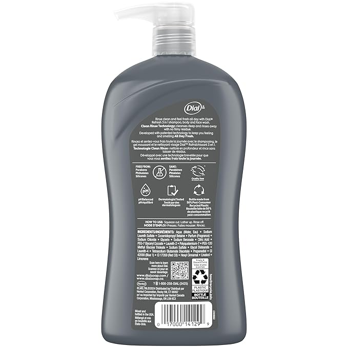 Dial Men 3in1 Body, Hair and Face Wash, Hydro Fresh, 32 fl oz