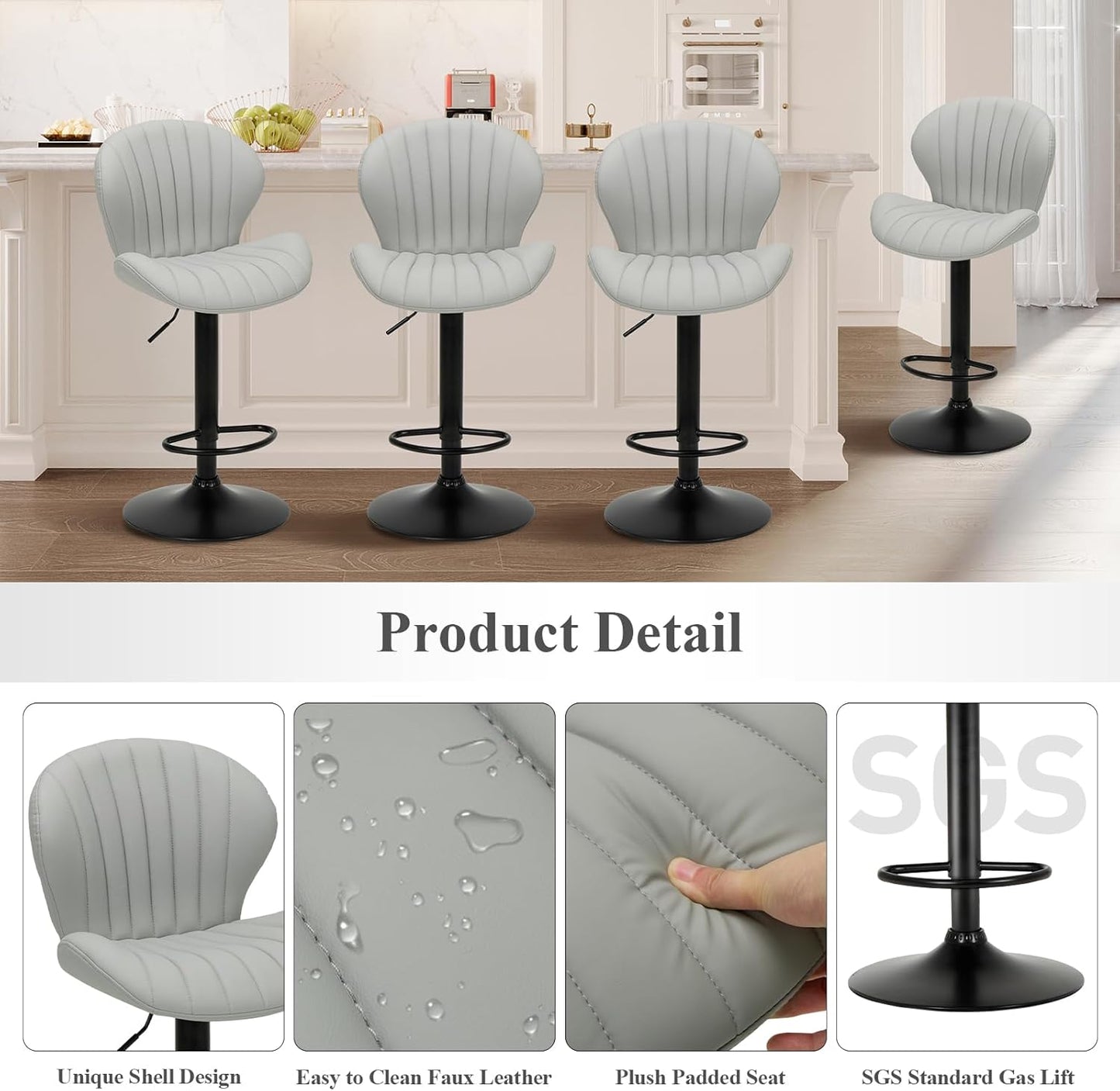 COLAMY Bar Stools Set of 6, Modern Swivel Bar Chairs, Adjustable Faux Leather Upholstered Barstools Counter Height with High Backrest for Bar, Kitchen Island, Dining Room, Grey