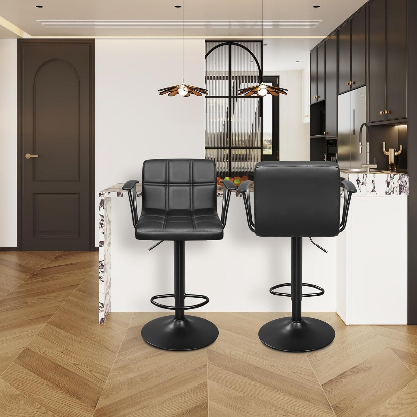 Bar Stools Set of 2, Armrest Adjustable Swivel Barstools with Back, Double Needle PU Leather Counter Height Chairs for Kitchen lsland (Black)