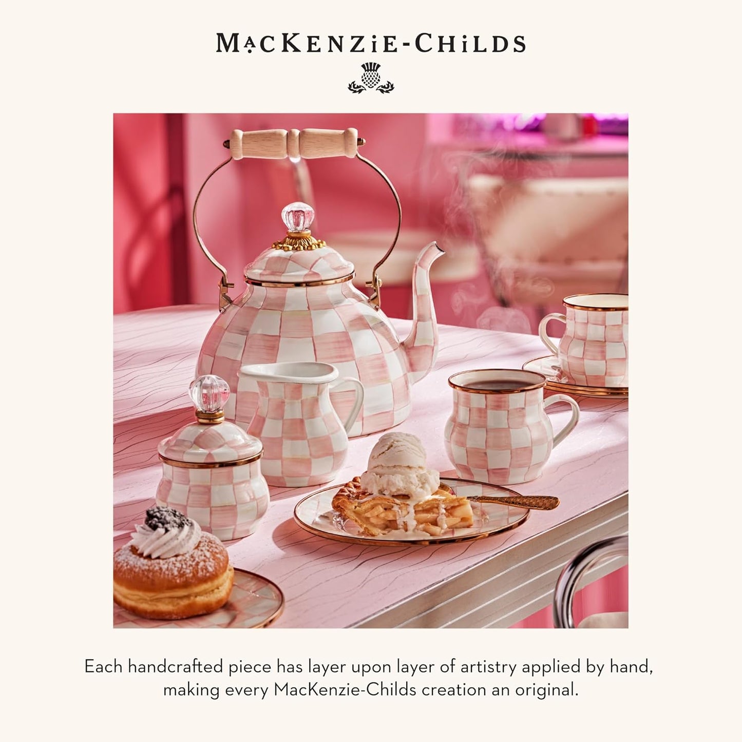 MACKENZIE-CHILDS Enamel Salad and Dessert Plate, Small Plate for Appetizers or Desserts, 8 Inches, Pink-and-White Rosy Check