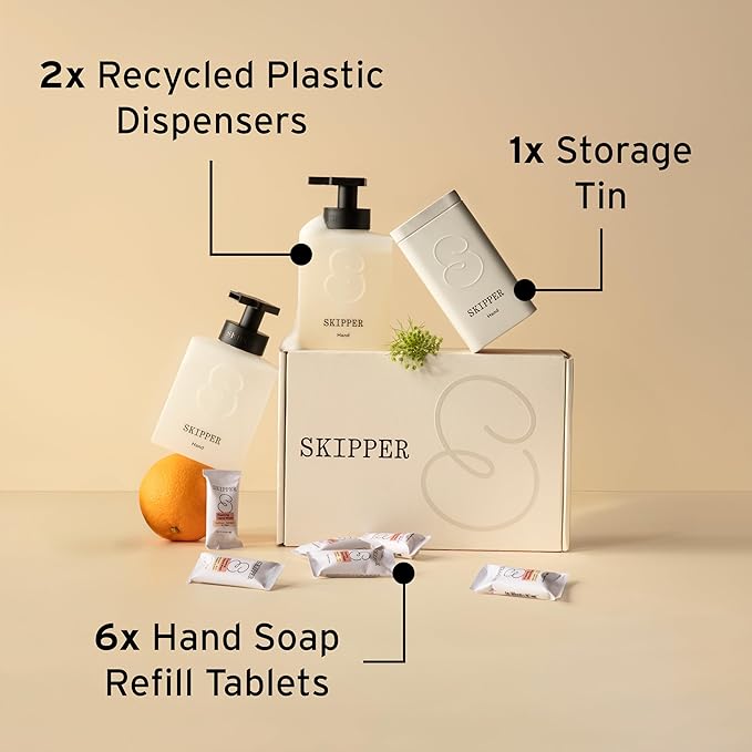 Tirtyl Skipper Hand Wash Duo Kit - 2 Recycled Plastic Foaming Dispensers + 6 Tablet Refills (6x 8 fl oz bottles of soap) + 1 Storage Tin - Variety Fragrances