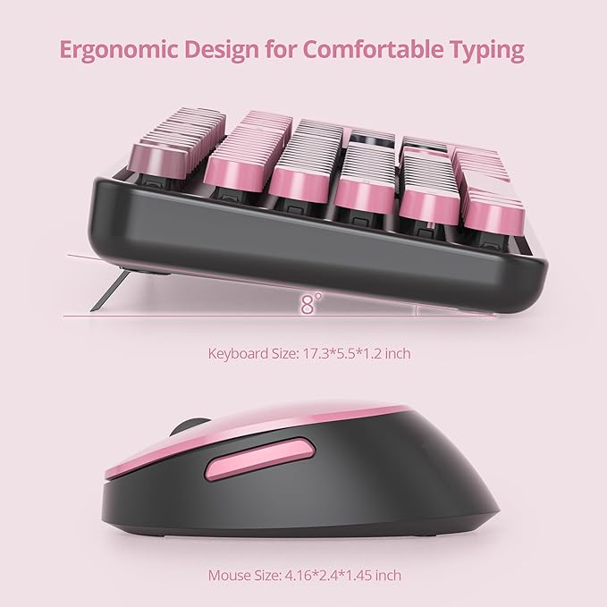 Owpkeenthy Keyboard and Mouse Wireless, Cute Retro Full-Size Cordless Keyboard with Number Pad 2.4 GHz Wireless USB Receiver for Computer (Heimei Pink)