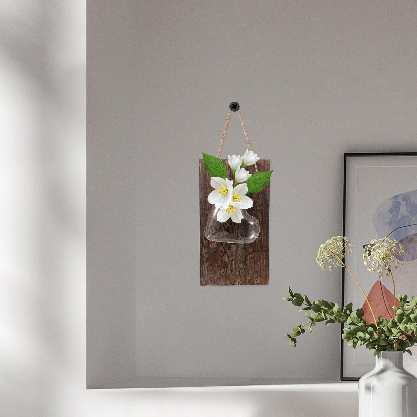 Hemobllo Wall Mounted Glass Vase Hydroponic Planter with Wooden Stand Indoor Terrarium for Table Decoration and Plant Propagation