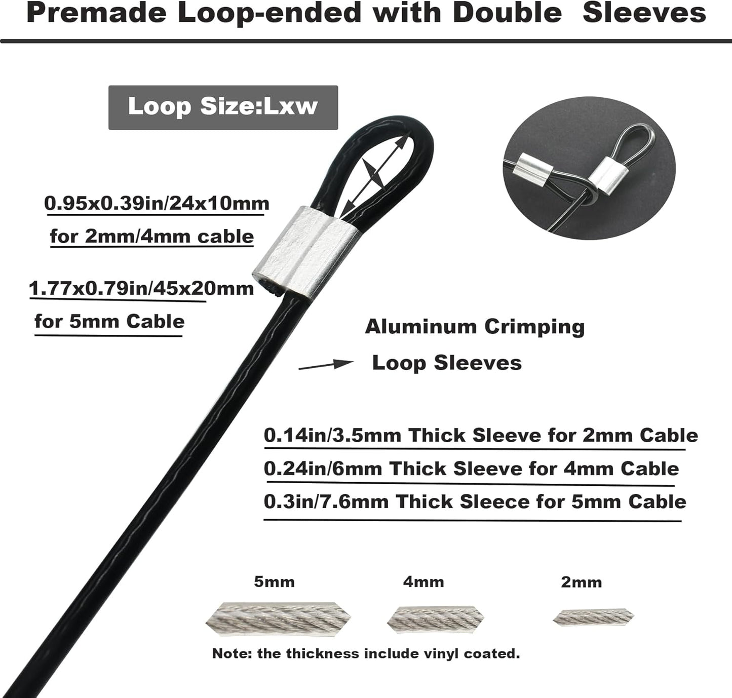 5 Pcs 5mm Wire 36 inch Vinyl Coated Stainless Steel Cable with Loops Short Wire Rope Lanyard Lock Security Chain Link for Outdoor Gates, Black(5mm x 36inch)