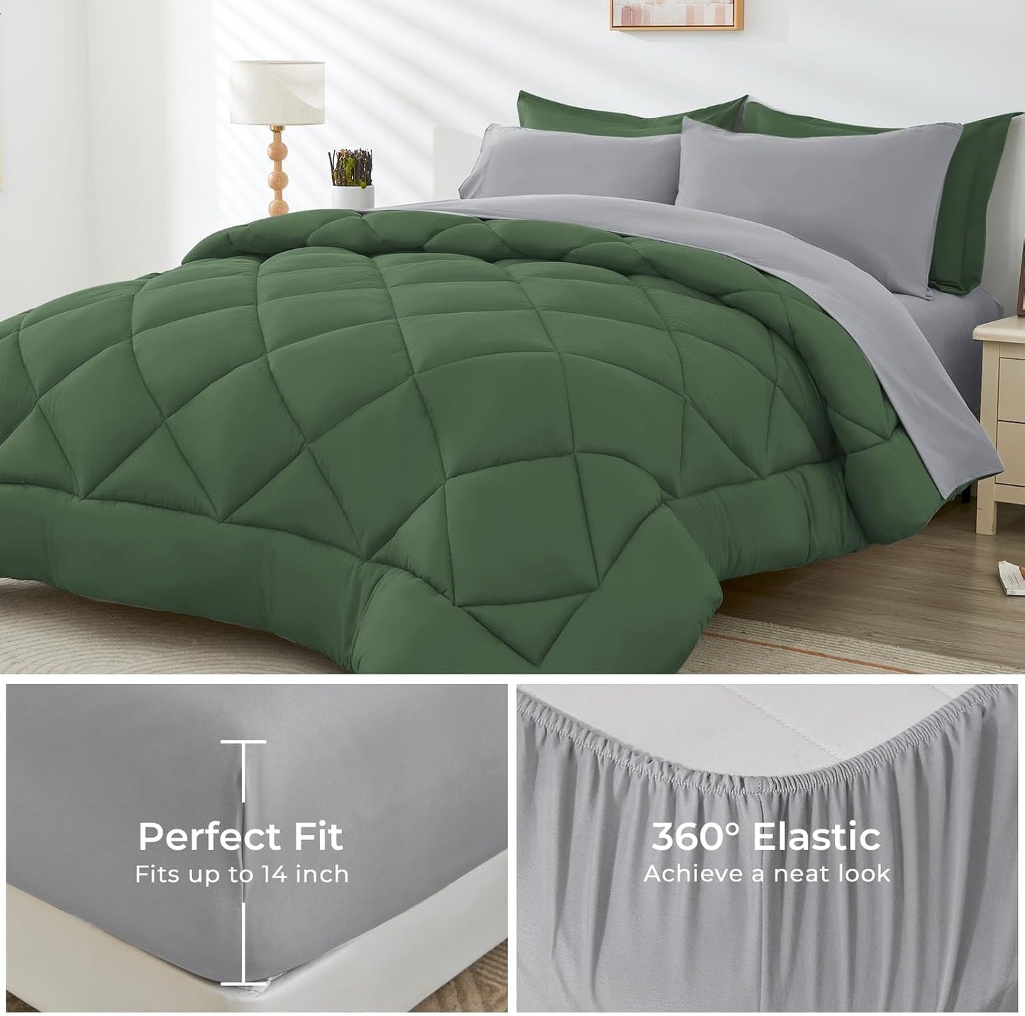 HEVUMYI Cali-King Comforter Set - 7-Piece All Season Bed in a Bag Cali-King, Ultra Soft Bedding Set with Comforter, Flat Sheet, Fitted Sheet, Pillowcases, Pillow Shams, Green & Light Grey