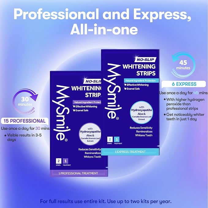 MySmile Teeth Whitening Strips, Hydroxyapatite-Infuse White Strips, Non-Sensitive Teeth Whitening with Soothing Natural Ingredients, Enamel-Safe, Residue-Free, Non-Slip, 21 Treatments Kit