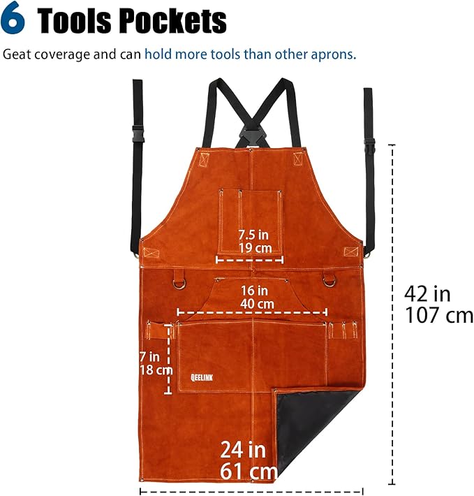 QeeLink Leather Welding Apron with 6 Pockets - Heat & Flame-Resistant Apron, 24'' X 42'', Adjustable M to XXXL