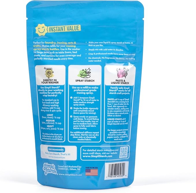 Simpli Starch® Dissolvable Starch Powder Mix. Makes Two Full 64 Oz Liquid Starch. Perfect For Laundry and Ironing, Add Directly to Your Washer. Ideal for Paper Mâché, Silly Putty, Playdough - 8oz (5)