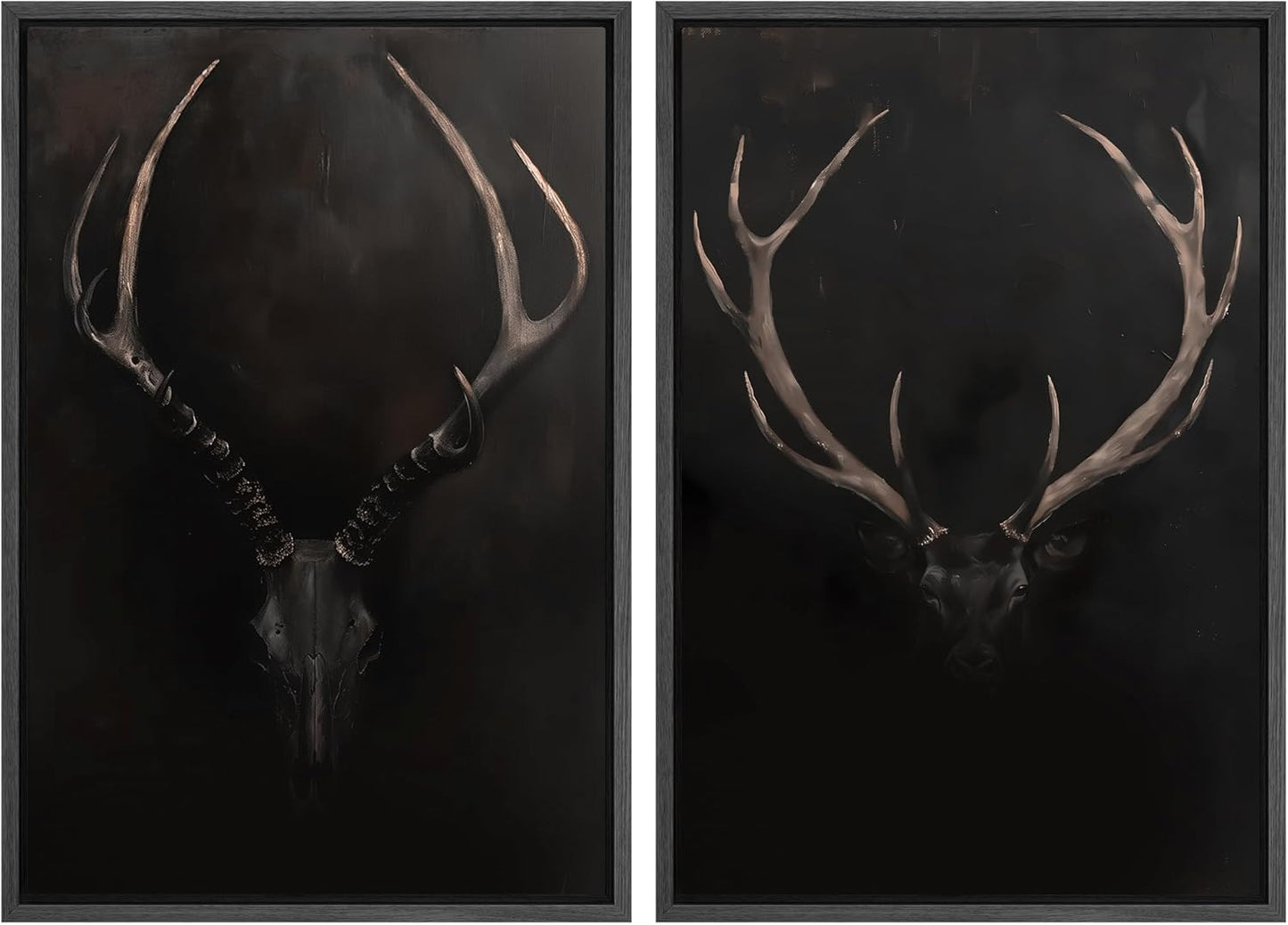 SIGNWIN Framed Canvas Print Wall Art Rustic Antler Skull Dark Dramatic Black Vintage-Inspired Deer and Elk Antlers Illustrations Decorative for Living Room, Bedroom, Office - 24"x36"x2 Black