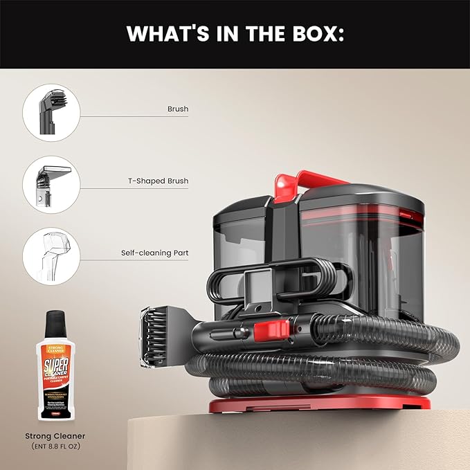 Portable Carpet & Upholstery Cleaner Machine - 15Kpa Deep Cleaning for Area Rugs, Pets, Couch & Car, Cleaning Machine with Dual Size BrushHead & Self-Cleaning System, Spot Cleaner for Stairs/Furniture