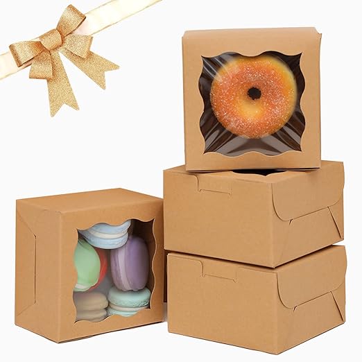 Bakepacker Kraft Bakery Boxes with Window - 4x4x2.5 inches Small Size Pastry & Mini Cookie Boxes for Bakeries - Thick & Sturdy (100 Packs)