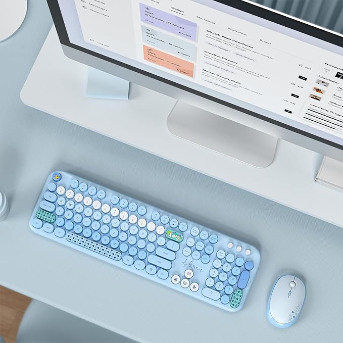 MOFII Wireless Keyboard and Mouse Combo, Cute Retro Typewriter Keyboard and Silent Mouse, 2.4GHz Full Size Computer Keyboard Wireless Mouse Set for PC, Laptop, Desktop, Windows (Blue Colorful)