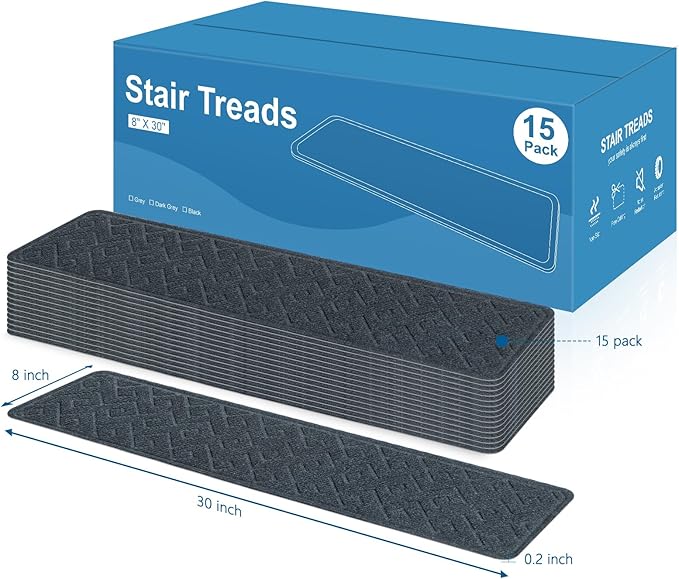 Stair Treads for Wooden Steps, 8" X 30" Non Slip Stair Runner Carpet Indoor with Reusable Adhesive Backing, Soft Tread Mat for Stairs, Polyester TPR Backing Stair Rugs- Dark Gray 4 Pack