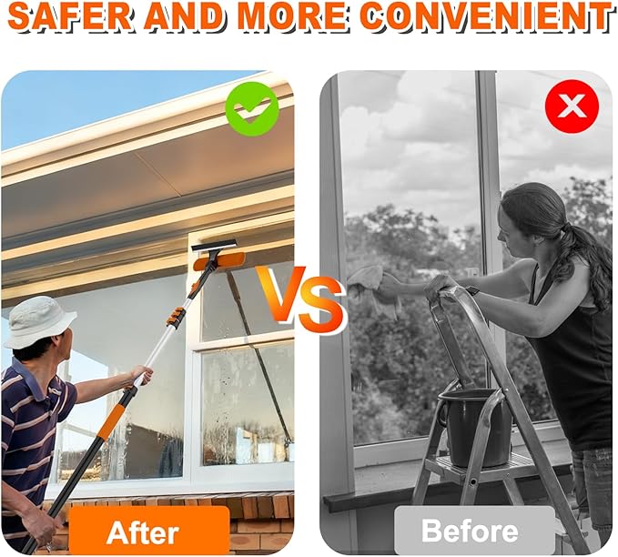 30FT Reach Window Squeegee with Extension Pole, 2-in-1 Professional Window Washing Kit for Home, Indoor Outdoor Squeegee with Rotatable Head for High Windows