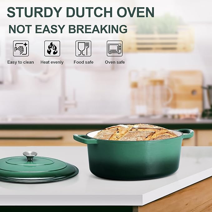 E-far 5QT Oval Dutch Oven Pot with Lid, Enameled Cast Iron Dutch Oven with Dual Handles, Heavy-Duty Cookware for Sourdough Bread Baking, Braising, Stews, Oven Safe & Easy Clean, Dark Green