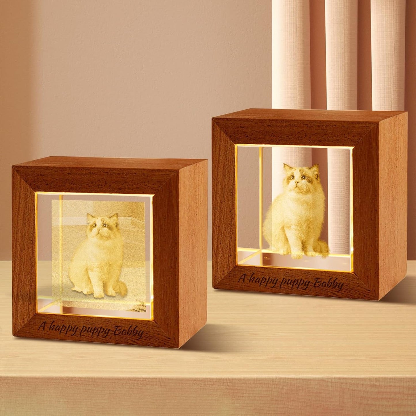 Custom 3D Crystal Photo Night Light – Personalized Glass Photo Ball with Customized 3D Picture Engraving, LED Light Wood Base, Unique Custom Gifts for Family, Pets, Birthday，Valentine's Day (Style 3)