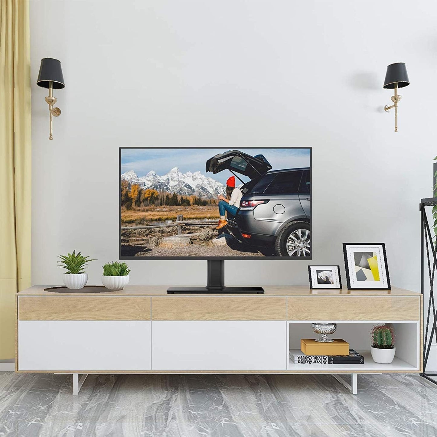 Suptek Universal Table Top TV Stand, Pedestal TV Stand for 17-55 inch Screens, Height Adjustable TV Base Stand with Tempered Glass Base and Wire Management, Holds up to 40kg, VESA 75/400mm, TS001-02