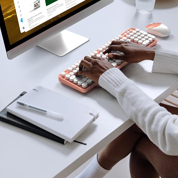 Wireless Keyboard and Mouse Combo, MOWUX Full Size Typewriter Retro Round Computer Keyboard, Mouse Wireless, Plug and Play, for Laptop, PC, Computer- Orange