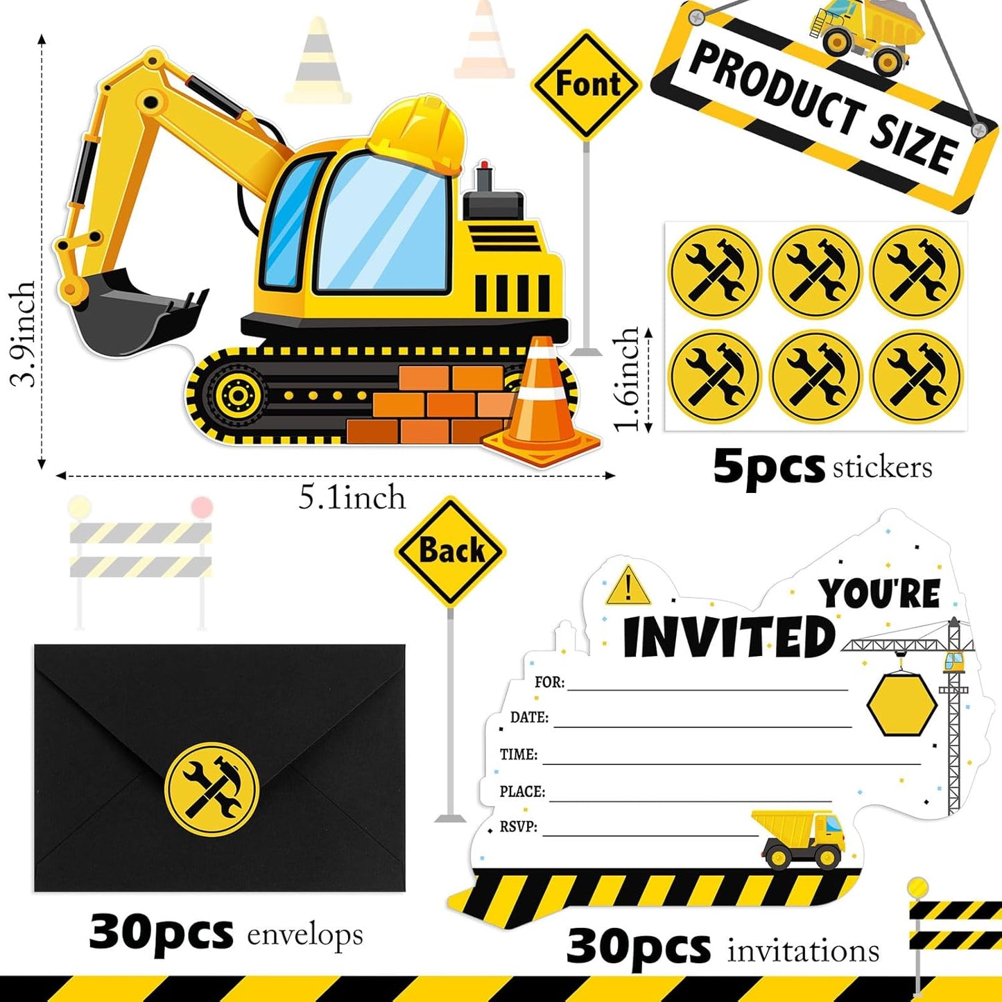 30 Sets Construction Excavator Birthday Party Invitations Cards with Envelopes Stickers Construction Themed Invitations for Boy Kids Birthday Excavator Party Supplies Decoration