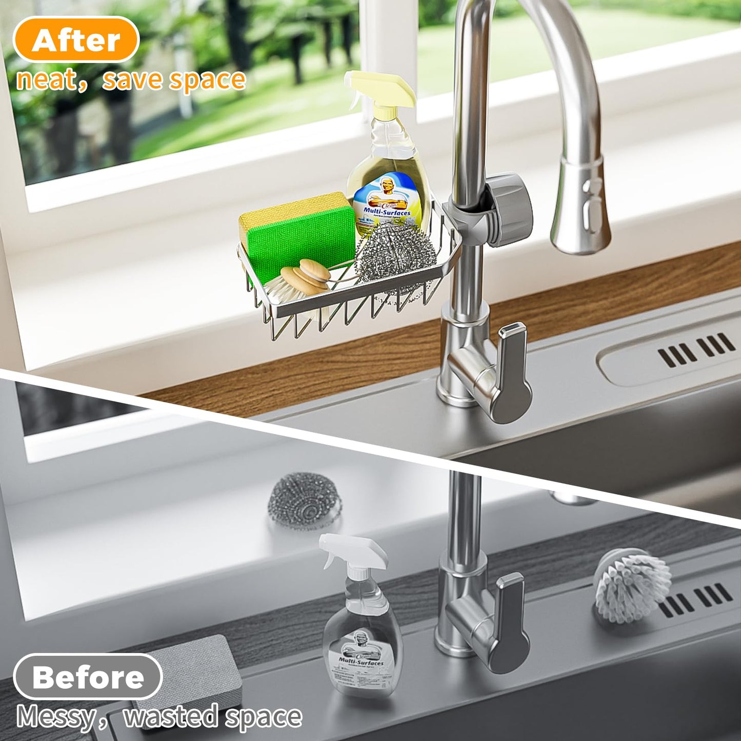 LONIN Sponge Holder Over Faucet Kitchen Sink Caddy Organizer, Stainless Steel Detachable Hanging Faucet Drain Rack for Bathroom, Scrubbers, Soap, (Black)