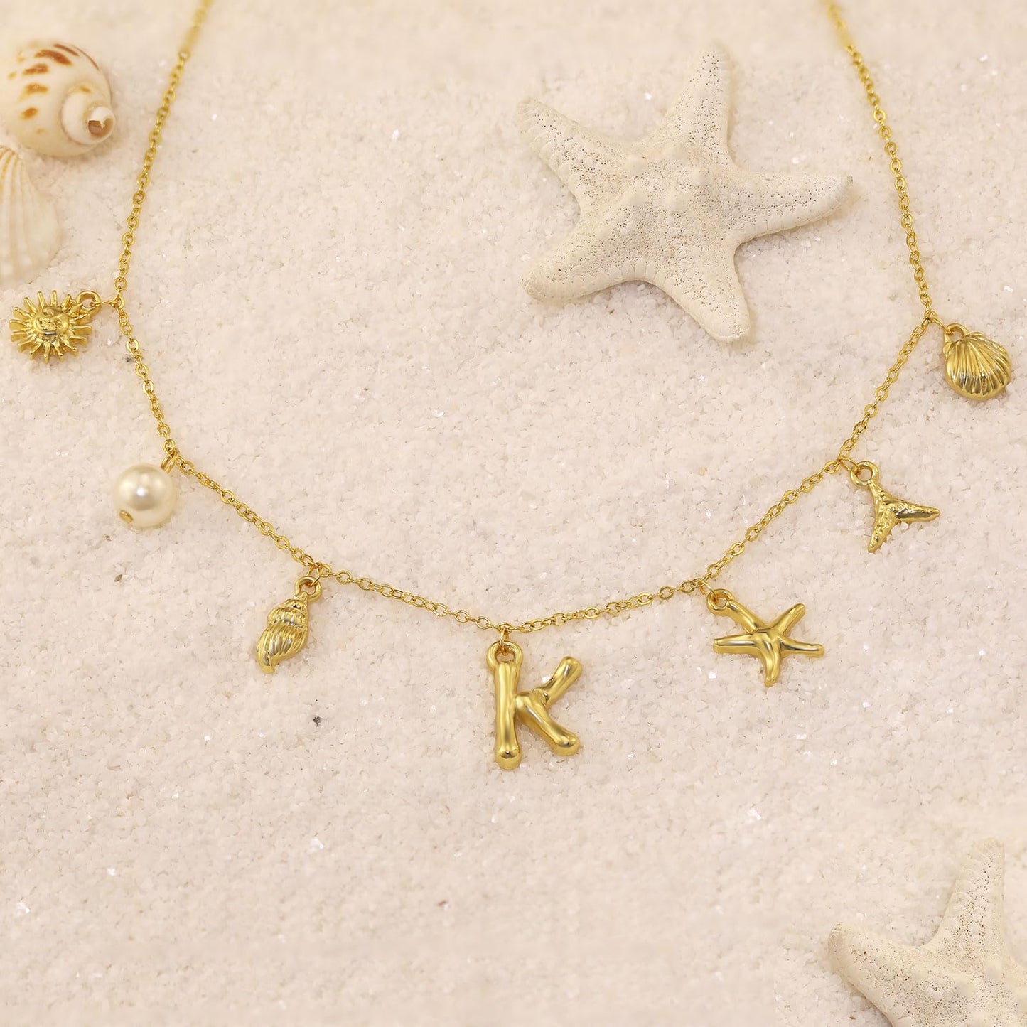 JALZEMPL Initial Charm Necklace For Women Shell Seashell Summer Beach Letter 14K Gold Plated Pendant Starfish Surfer Boho Jewelry Gifts (R)