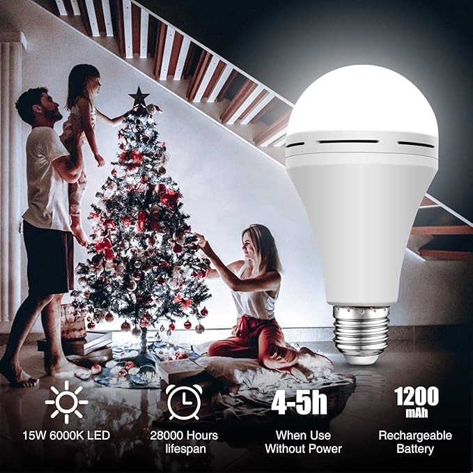 Neporal Rechargeable Light Bulbs Battery Operated Powered Backup Light Bulb, 15W 80W Equivalent 6000K 1200mAh, Emergency Light Bulb for Lamp Camping Works Even Power Outage -2 Packs + 2 Portable Hooks