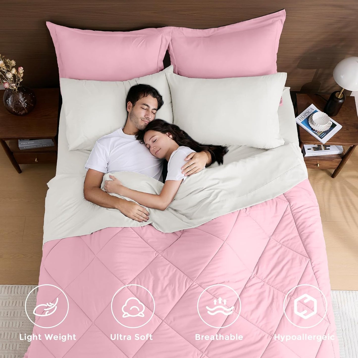 HEVUMYI Twin Comforter Set - 5-Piece All Season Bed in a Bag Twin, Ultra Soft Bedding Set with Comforter, Flat Sheet, Fitted Sheet, Pillowcases, Pillow Shams, Pink & Ivory