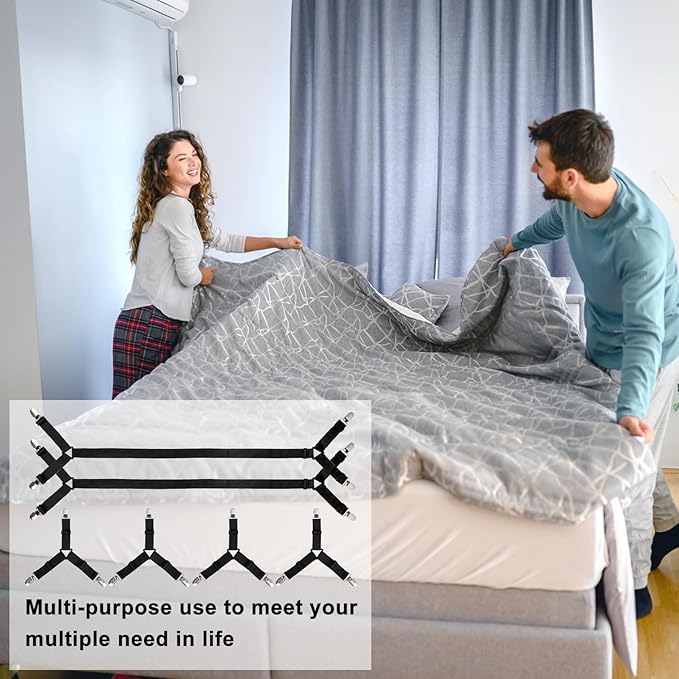 Bed Sheet Straps, 6 Pack Fitted Bed Sheet Fasteners Clips Adjustable Crisscross Bed Sheet Holder Straps for Corners Mattress Sheet Suspenders Grippers Bedding Accessories, Black