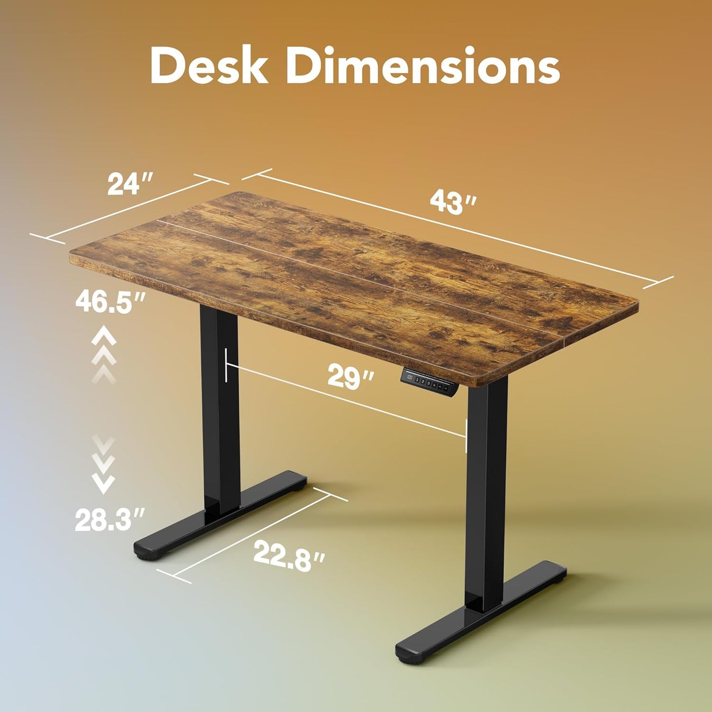 HUANUO 43 x 24 inch Electric Standing Desk Adjustable Height, 4 Memory Height Settings, Sit Stand Up Desk for Home Office & Computer Workstation, Rustic Brown