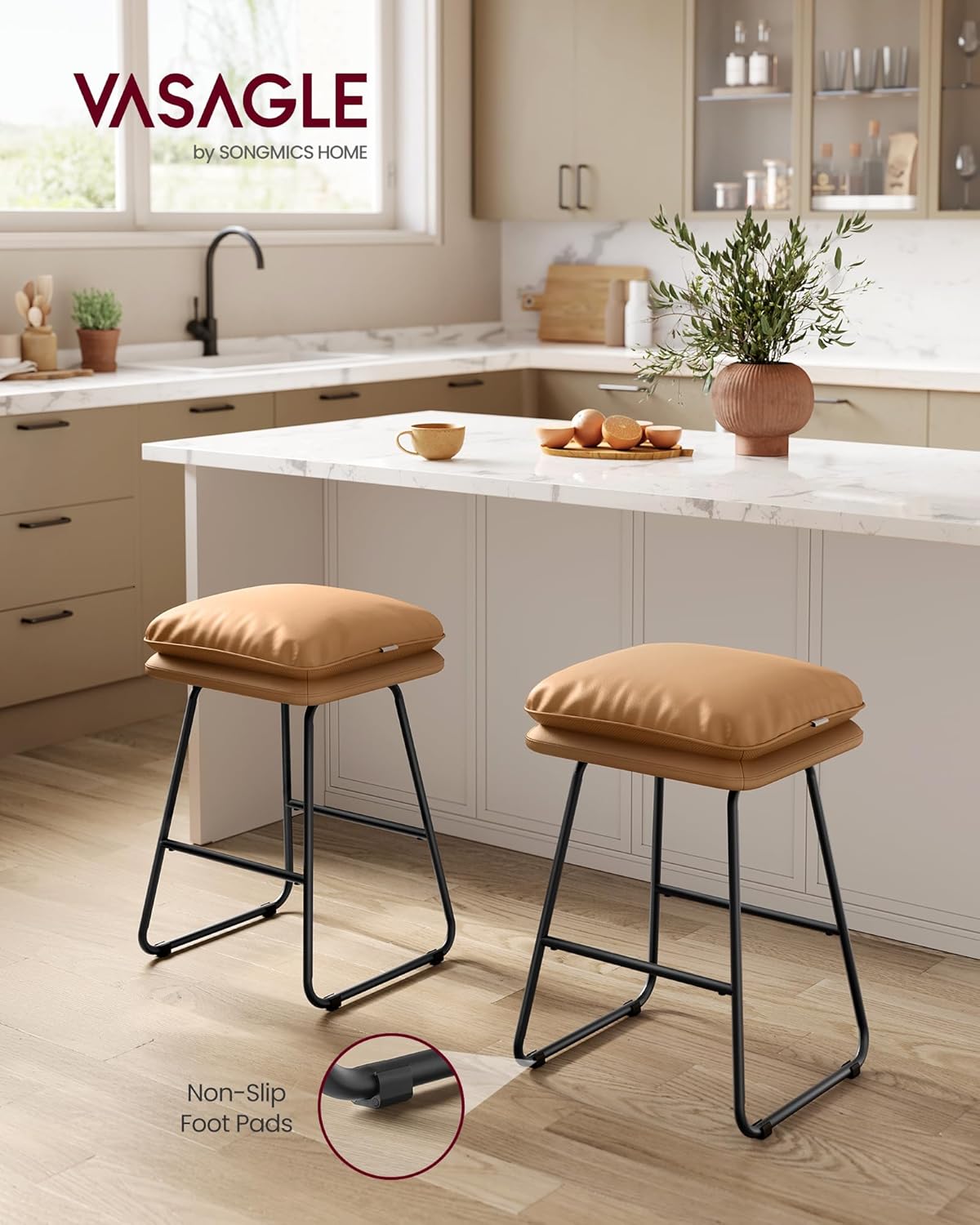 VASAGLE Bar Stools Set of 2, Counter Height Bar Stools, Leather Counter Stools Barstools with Soft Cushion and Metal Sled Legs, 25.6 Inches Bar Height Bar Chairs for Kitchen Island, Caramel Brown
