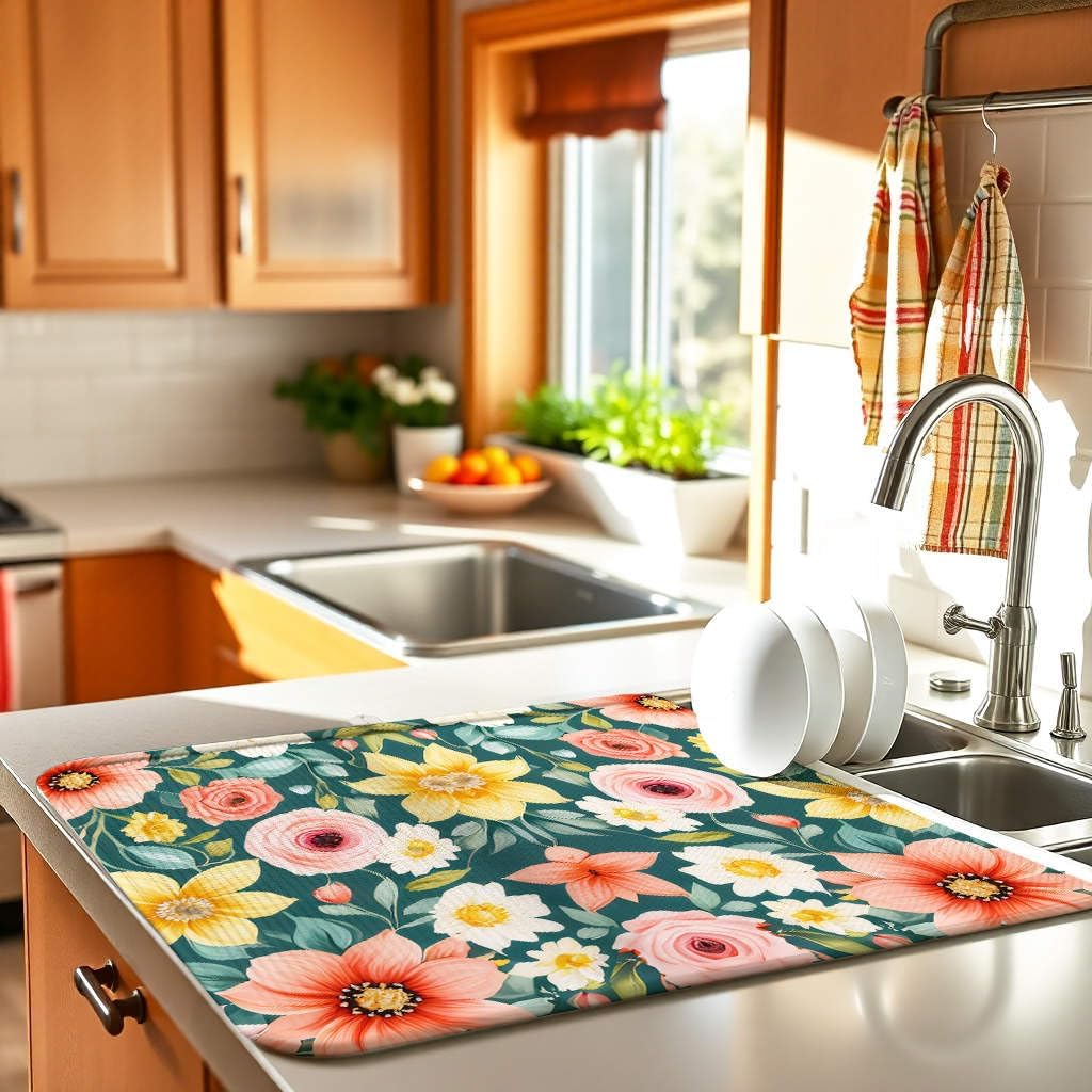 Large Blue Floral Spring Dish Drying Mat for Kitchen Counter 18x24 Microfiber Absorbent - Foldable, Non-Slip, Compact Kitchen XL Drying Mats for Dishes, Countertops, and Cookware