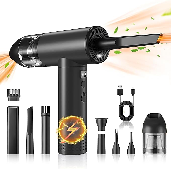 Electric Air Duster Rechargeable 2-in-1 91,000 Super Power Air Blower Cordless with Car Vacuum and LED Light, 7500mAh Battery Electric Duster for PC, Keyboard, House, Car Cleaning - Black