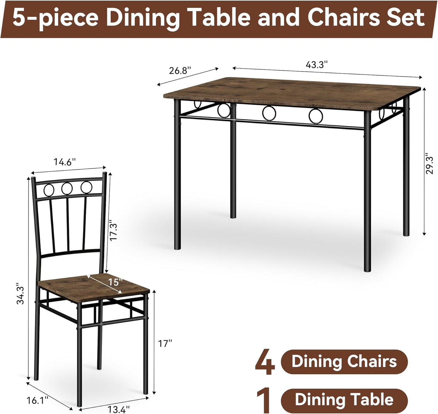 Vipbear Kitchen Dining Table Set for 4, 5-Piece Kitchen Table Set,Dining Room Table Sets,Rectangular Kitchen Table Set with 4 Chairs for Small Space, Dinette,Apartment, Rustic Brown