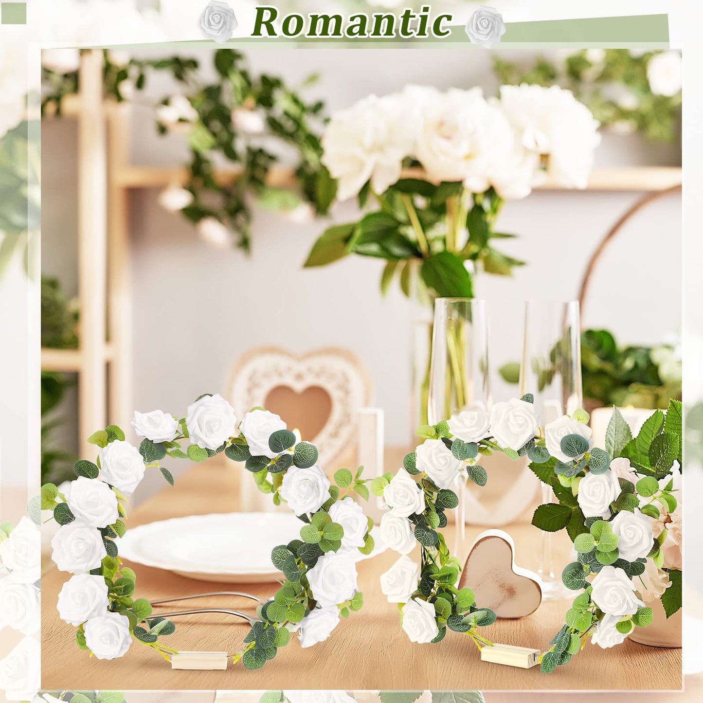 15 Pcs Metal Floral Centerpiece Table Decorations Hoop Centerpiece with Stand Gold Centerpieces for Table 15 Wooden Holders 30 Artificial Flowers 30 Leaves for Wedding DIY Craft Decor(12 Inch,White)