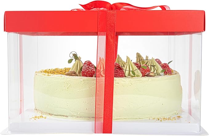 Restaurantware Sweet Vision 10 Inch x 8.25 Inch Transparent Cake Boxes 10 Grease Resistant Base Clear Cake Boxes - Red Lid Red Ribbon Plastic Birthday Cake Boxes For Weddings Or Birthdays