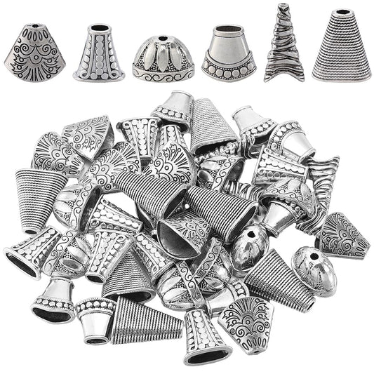 SOFPLATE 48Pcs 6 Styles Cone Bead Caps Spacer Bead Caps Alloy Antique Silver Tibetan Flower Cones Tassel End Beadings Findings for Jewelry Making DIY Bracelet Necklace Earrings Supply Accessories