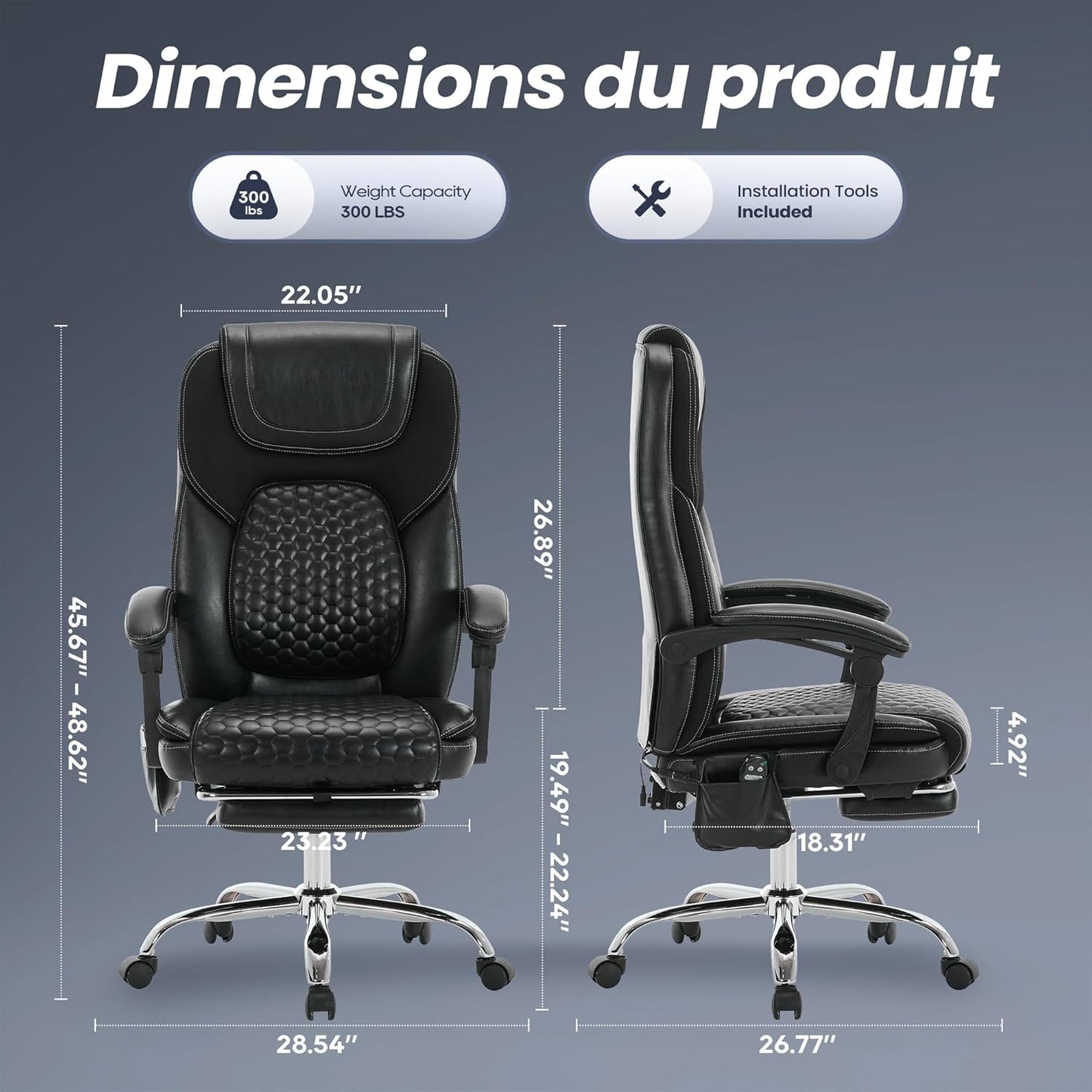 Massage Office Chair with Heat and Footrest –Reclining Desk Chair, Big and Tall Leather Computer Chair with Wheels, PU Executive Office Chair for Home, Gaming, Study, 300 lbs,Black