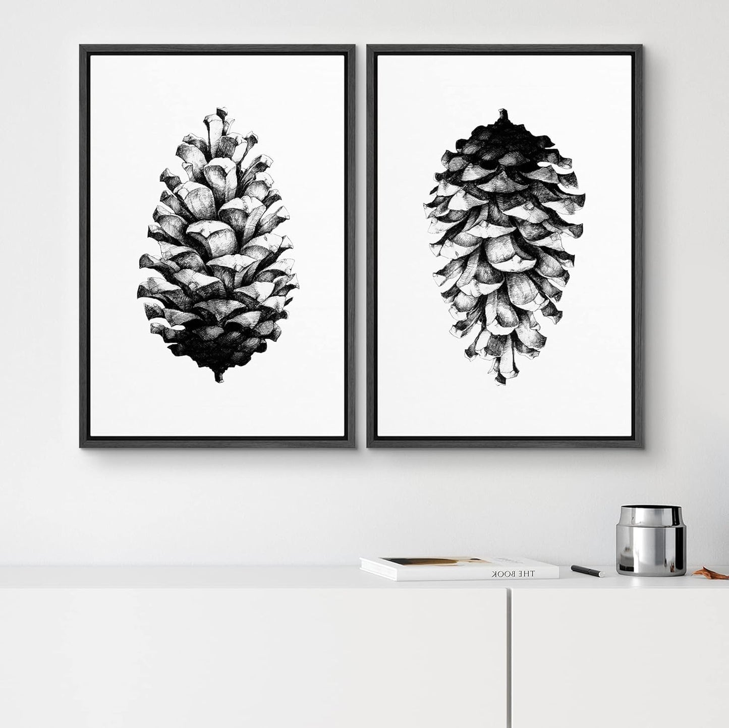 SIGNWIN Framed Canvas Print Wall Art Set Black & White Forest Woodland Pinecone Nature Wilderness Illustrations Modern Art Rustic Relax/Calm for Living Room, Bedroom, Office - 16"x24"x2 Black
